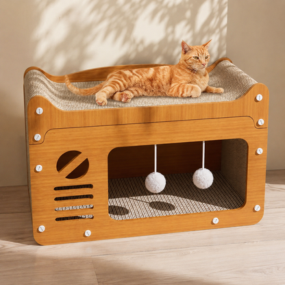 Orange cat lying on the corrugated cardboard top of the TV shaped wooden cat scratcher house.