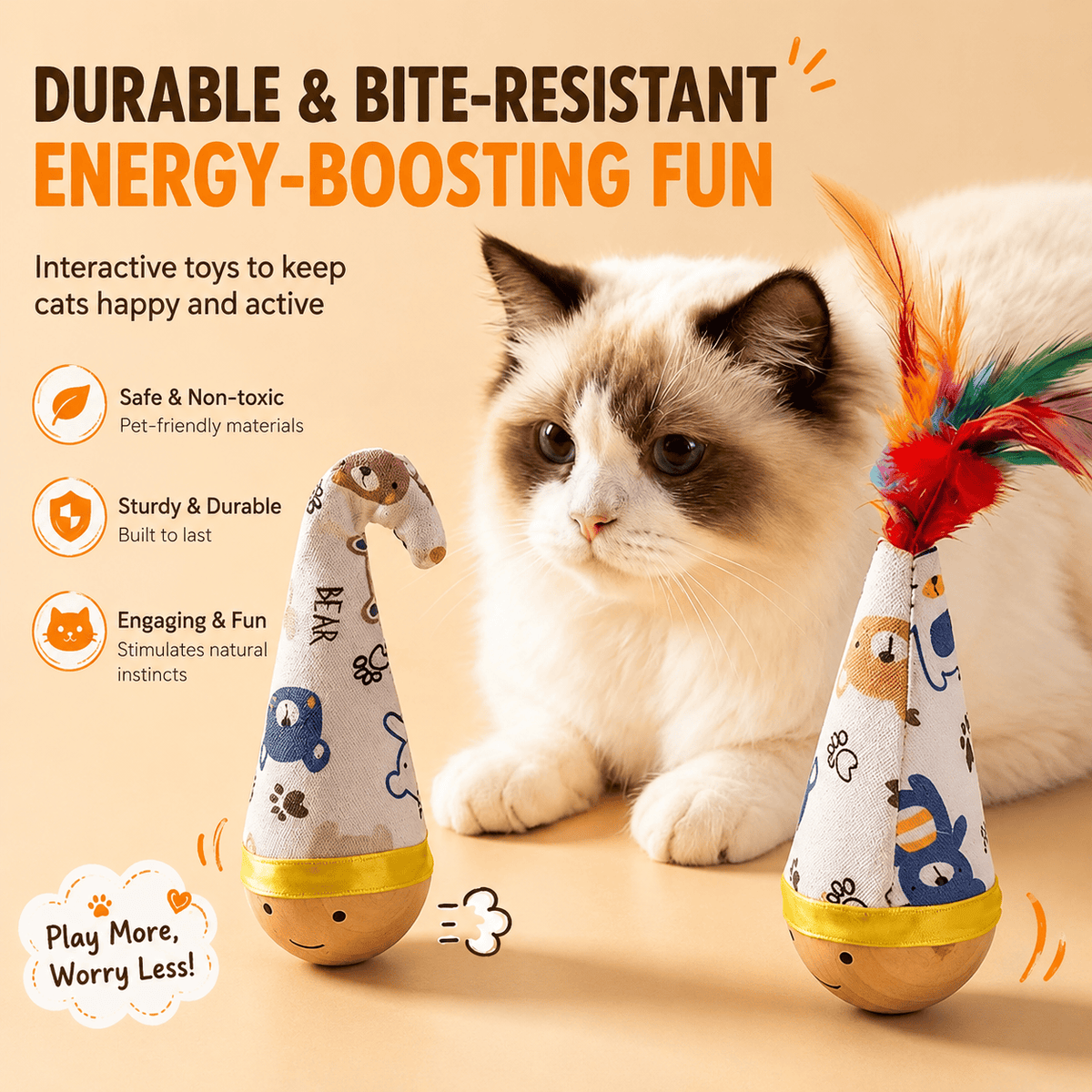 Ragdoll cat sniffing the feather wooden wobble cat toy, with safe, sturdy and engaging callouts.