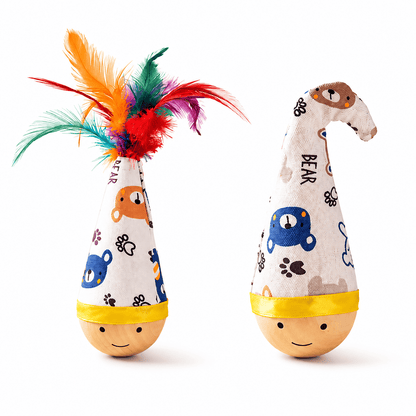 Feather style and twist style wooden wobble cat toys side by side.