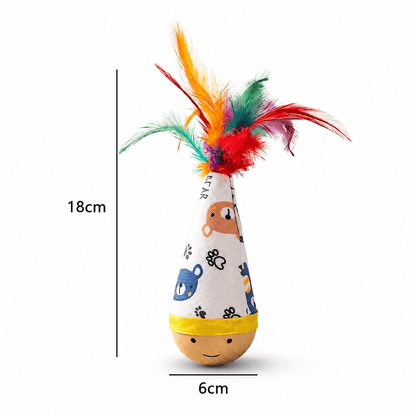 Feather style wooden wobble cat toy with its 18 cm height and 6 cm base marked.