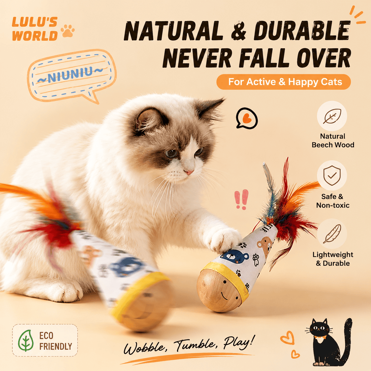 Ragdoll cat batting the feather wooden wobble cat toy, with natural beech wood, safe and non-toxic and lightweight callouts.