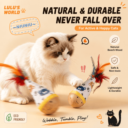 Ragdoll cat batting the feather wooden wobble cat toy, with natural beech wood, safe and non-toxic and lightweight callouts.