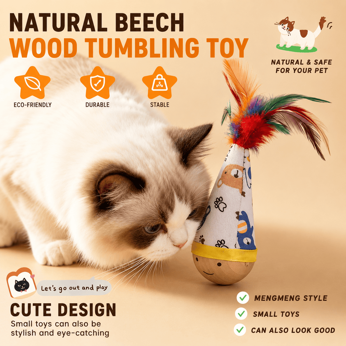 Cat pawing the feather wooden wobble cat toy, captioned natural beech wood tumbling toy, eco-friendly, durable, stable.