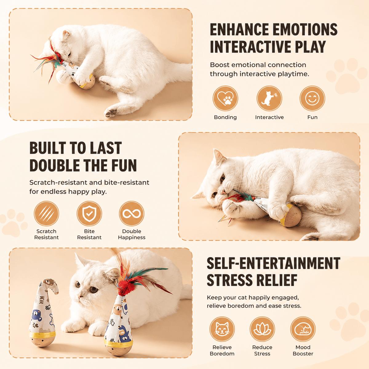 Three panels of a white cat playing with the wooden wobble cat toy: interactive play, built to last, self-entertainment.