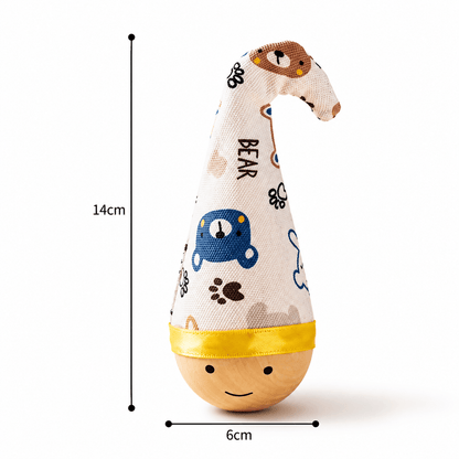 Twist style wooden wobble cat toy with its 14 cm height and 6 cm base marked.