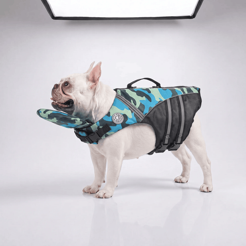 Blue camo Noblias dog life jacket with head support, adjustable straps, and secure fit for swimming and safety.