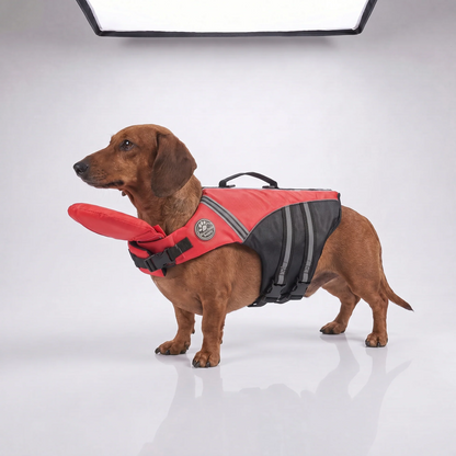 Blue camo dog life jacket with head support by Noblias, designed for safety and flotation during water activities.