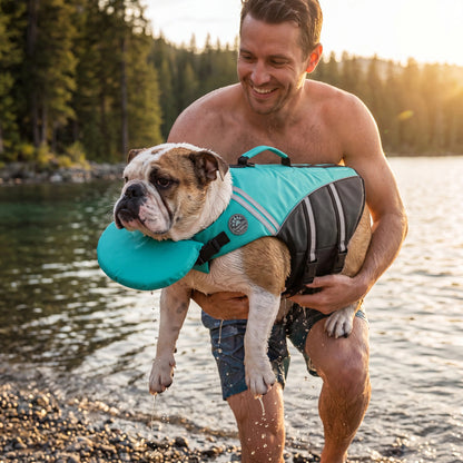 Blue camo dog life jacket with head support from Noblias, designed for safety and comfort during water activities.