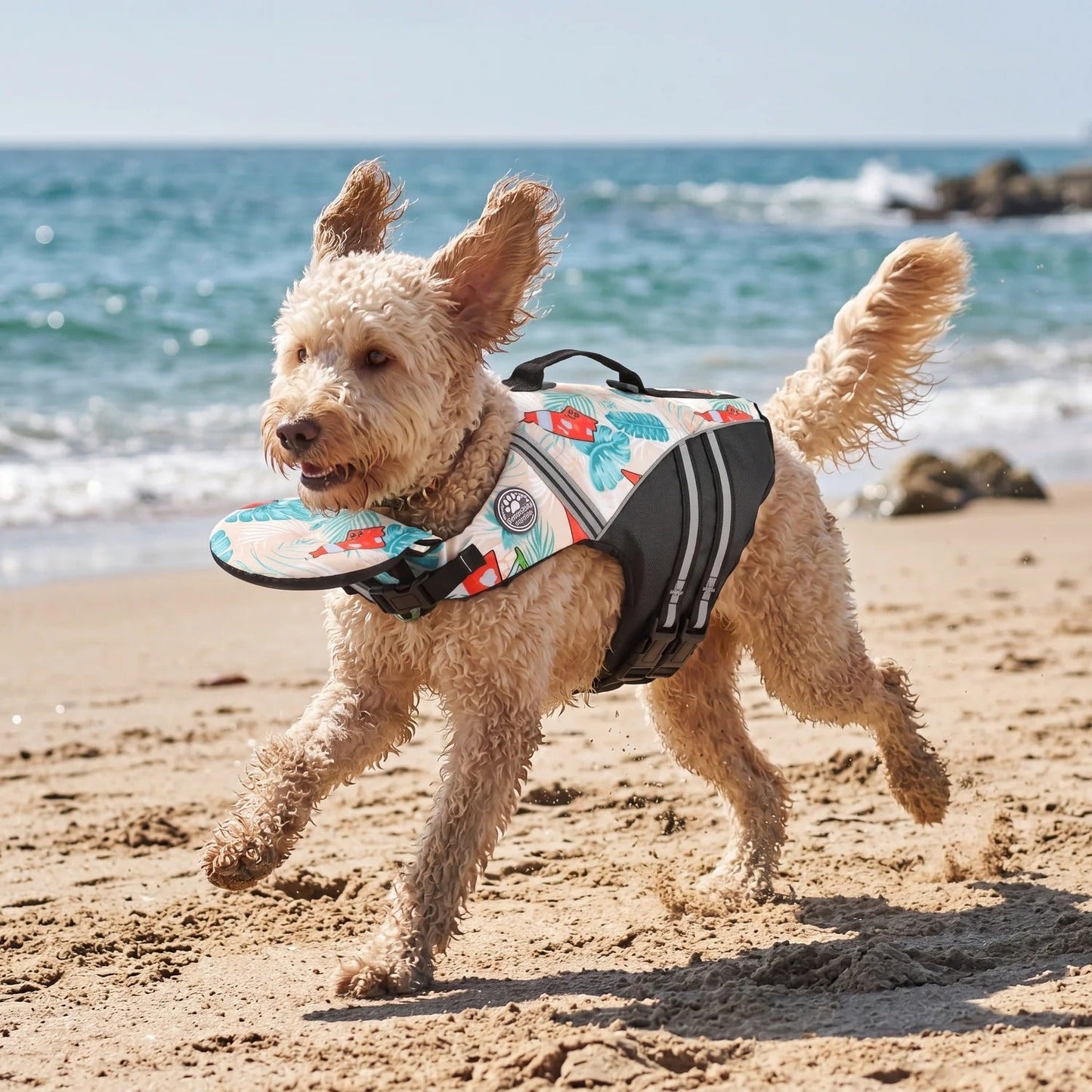 Blue camouflage dog life jacket with head support from Noblias, designed for safety and comfort during water activities.