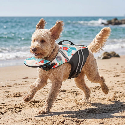 Blue camouflage dog life jacket with head support from Noblias, designed for safety and comfort during water activities.