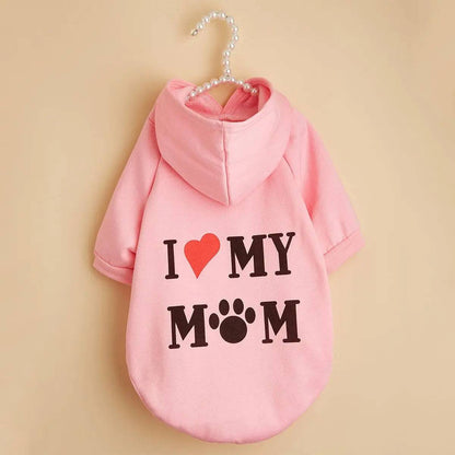 Cute Noblias pet hoodie for dogs and cats, featuring "I Love My Mom" print, cozy apparel for small pets.