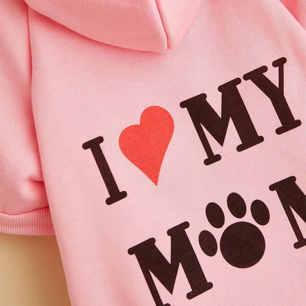 Cute Noblias pet hoodie with "I Love My Mom" print for dogs and cats, featuring soft fabric and cozy fit.
