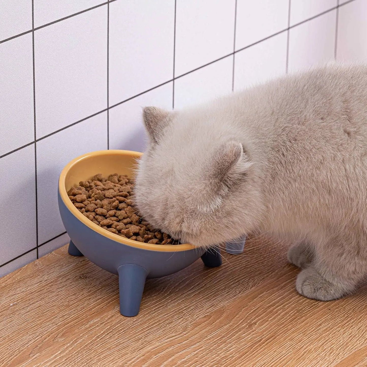 Yellow elevated pet bowl by Noblias, tilted design for cats and small dogs, suitable for comfortable feeding.