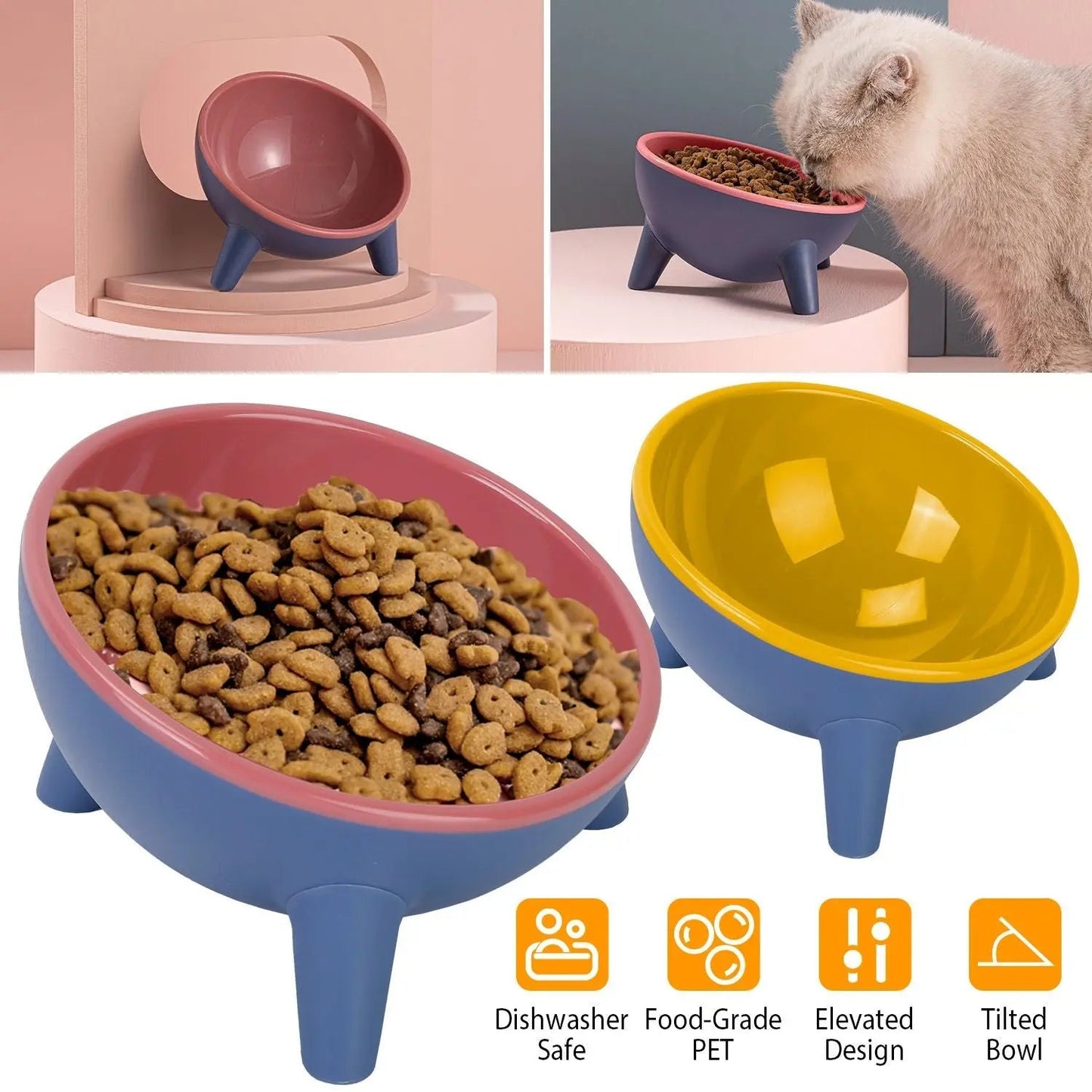 Yellow elevated pet bowl by Noblias, tilted feeding bowl for cats and small dogs, designed for comfortable eating and drinking.