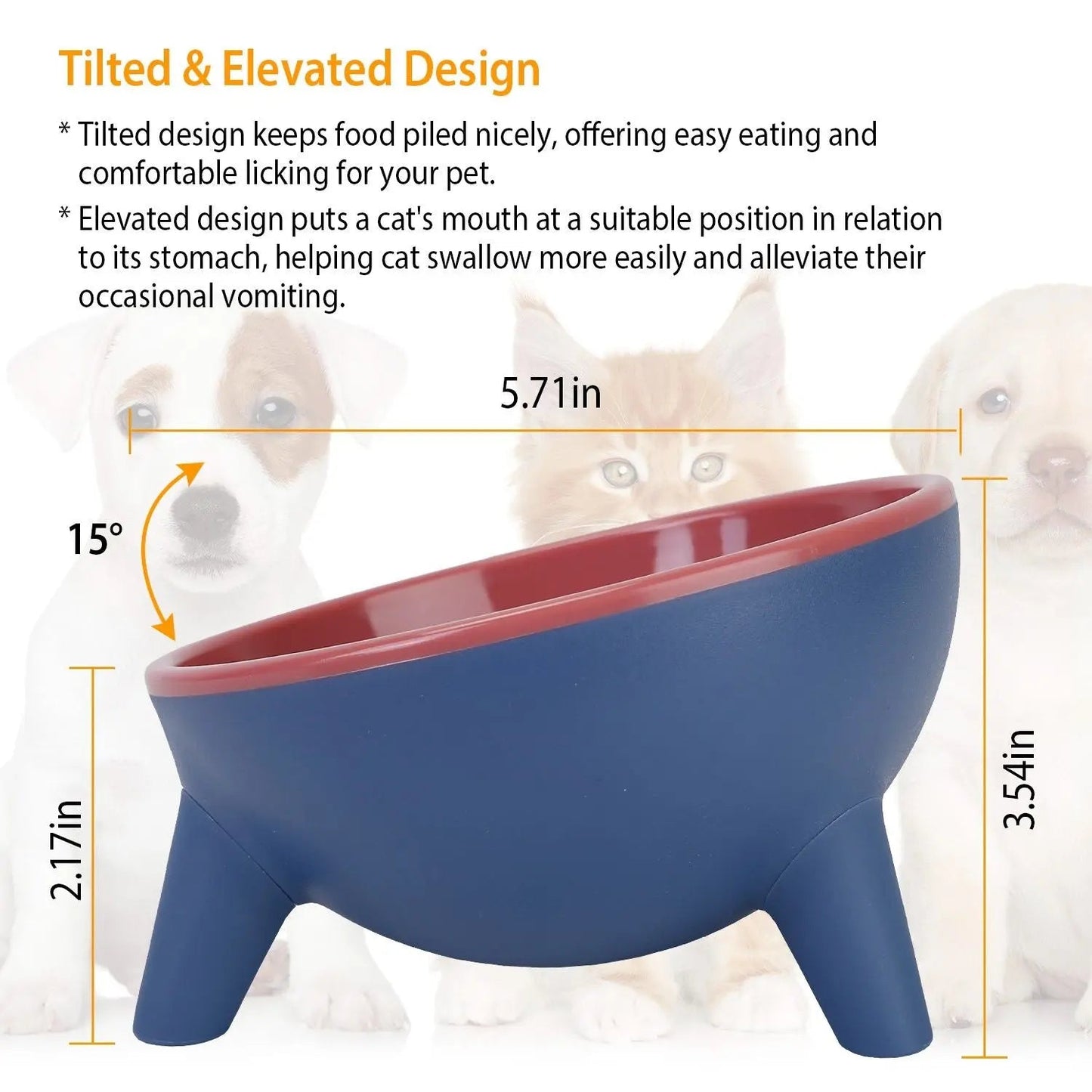 Yellow raised pet bowl by Noblias, tilted feeding bowl for cats and small dogs, designed for comfortable eating.