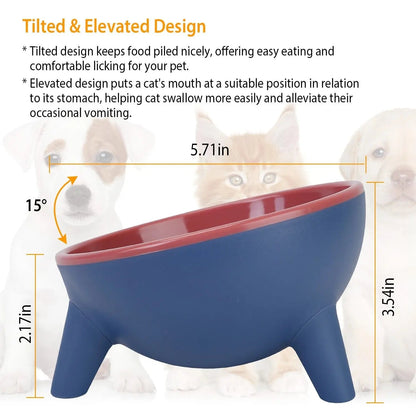 Yellow raised pet bowl by Noblias, tilted feeding bowl for cats and small dogs, designed for comfortable eating.