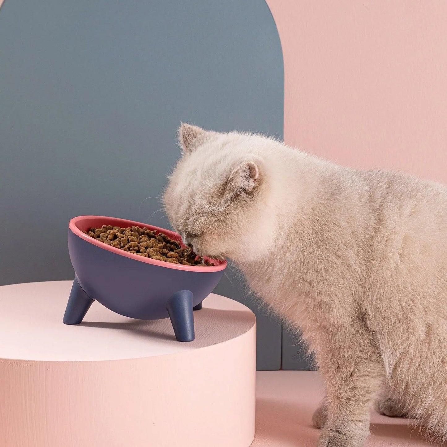 Yellow elevated pet bowl by Noblias, tilted design for cats and small dogs, made of durable material for comfortable feeding.