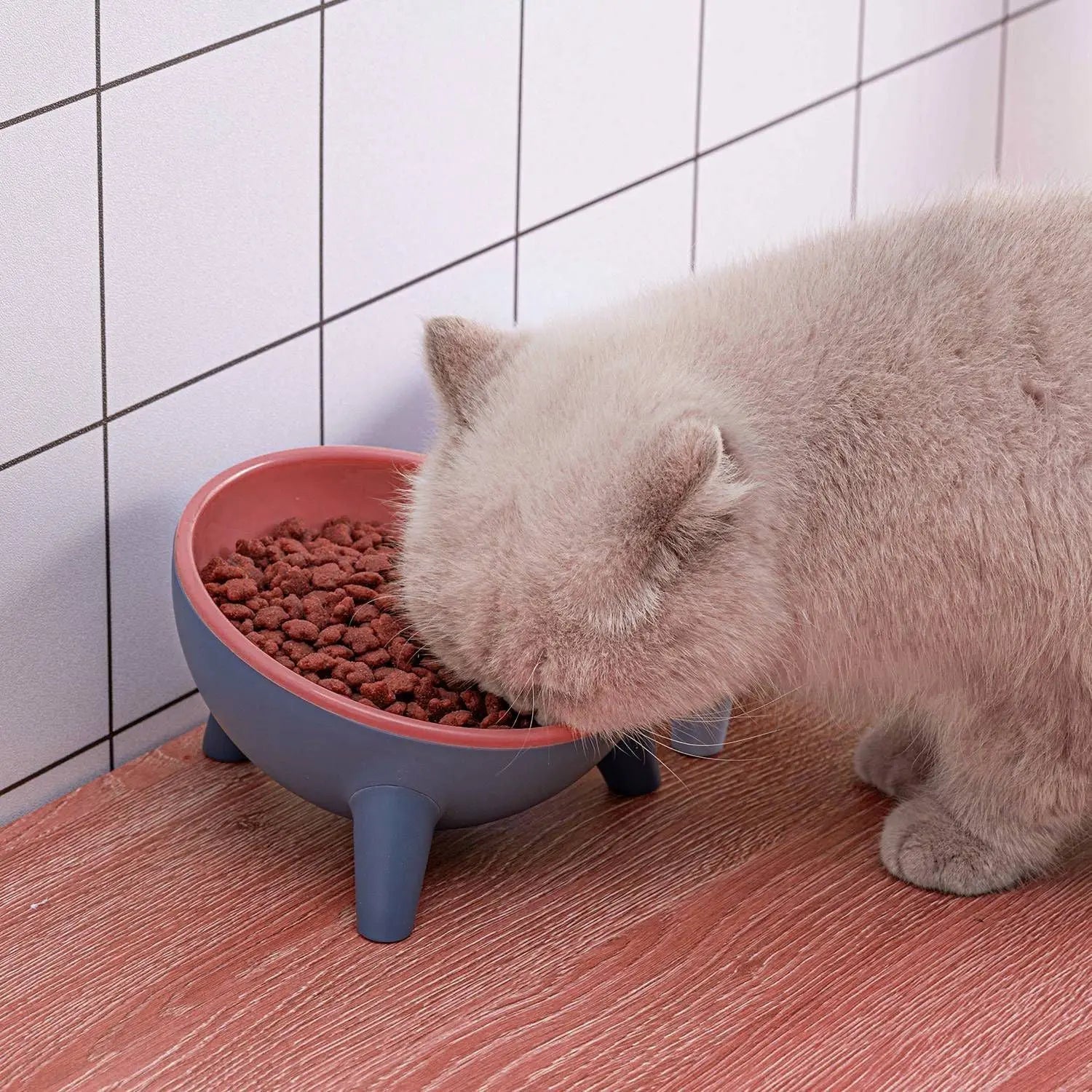 Yellow elevated pet bowl by Noblias, tilted design for cats and small dogs, suitable for comfortable feeding.