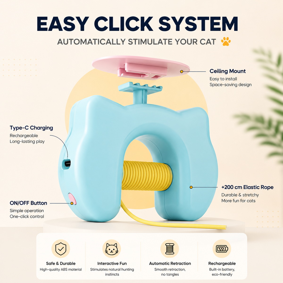 Features of the Noblias yo-yo cat toy: ceiling mount, Type-C rechargeable battery, single on off button and a 200 cm elastic rope.