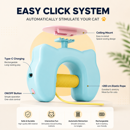 Features of the Noblias yo-yo cat toy: ceiling mount, Type-C rechargeable battery, single on off button and a 200 cm elastic rope.