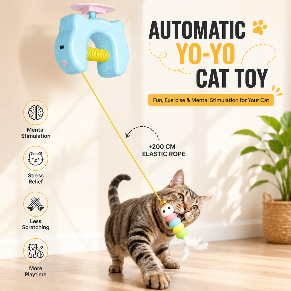 The Noblias automatic yo-yo cat toy with its 200 cm elastic rope, shown with a tabby cat and icons for mental stimulation and play.