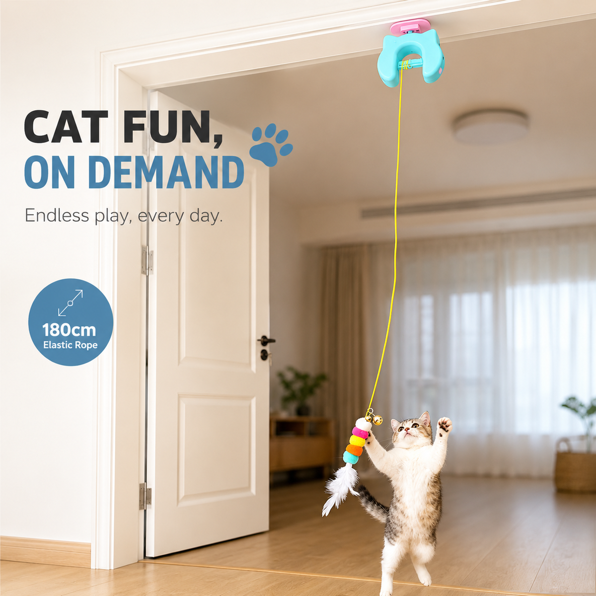The Noblias yo-yo cat toy mounted above a white door with a cat reaching up for the feather on the hanging elastic rope.
