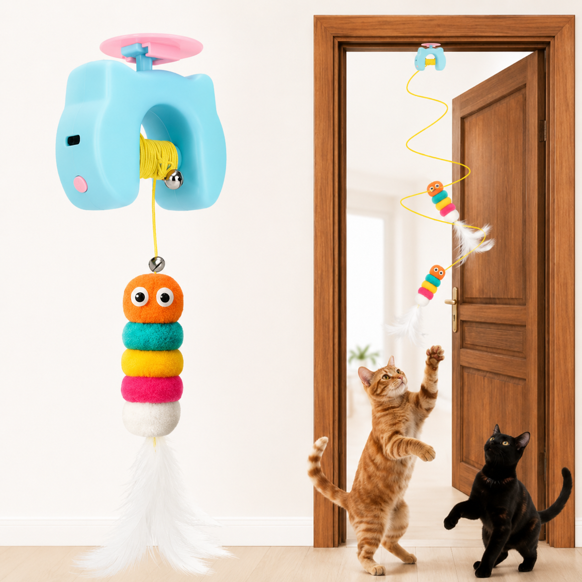 Two cats jumping up at the feather teaser of the Noblias yo-yo cat toy mounted above a doorway.