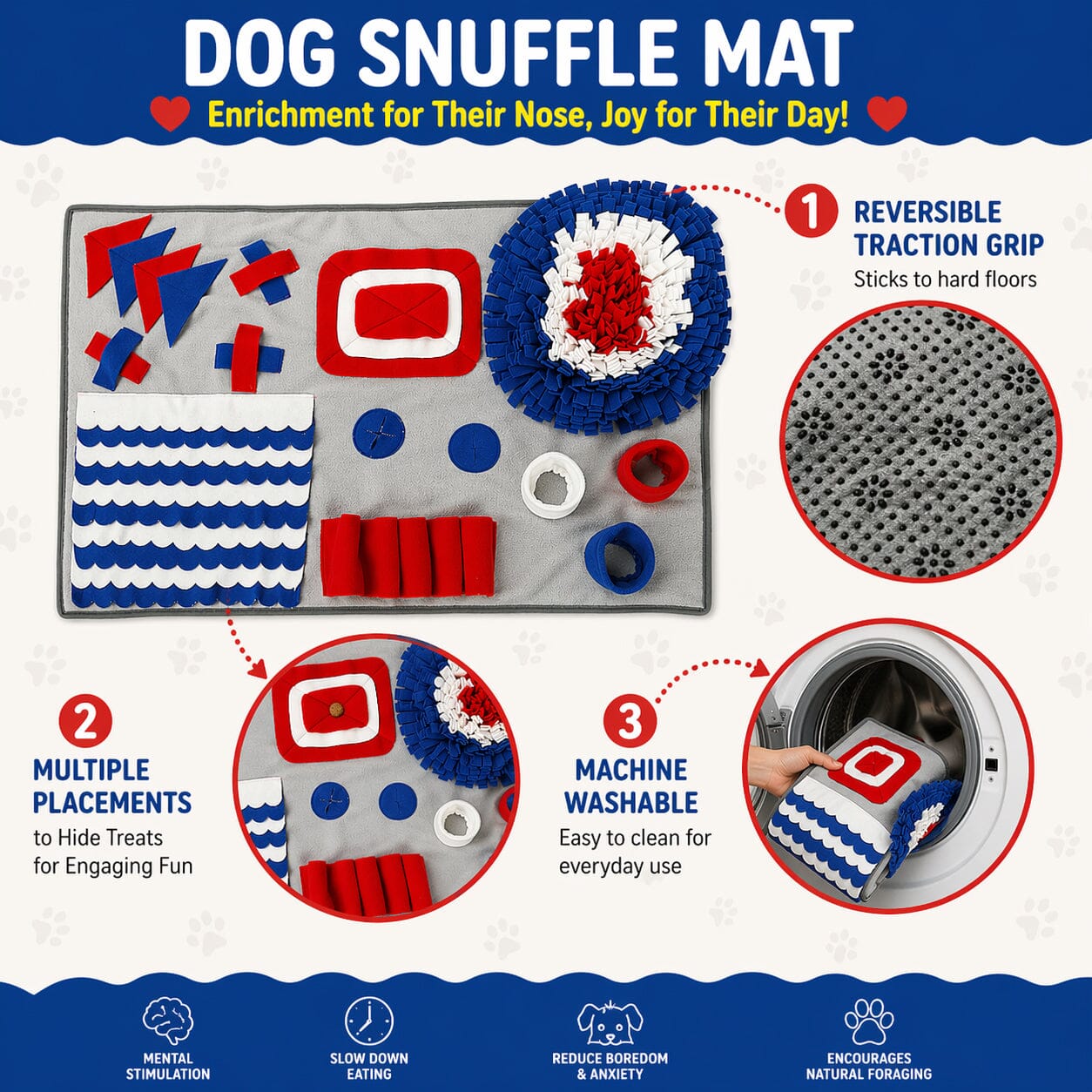 Noblias Pet Snuffle Mat for mental stimulation, featuring fabric strips and hidden treats for interactive feeding and enrichment.