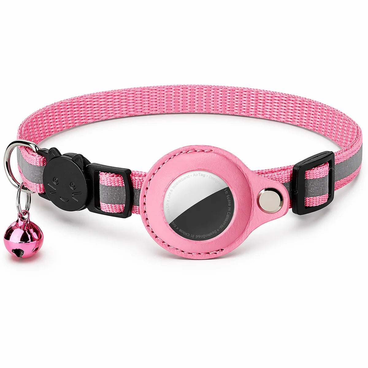 Pink and gray striped cat collar with a bell and reflective patch, worn by a cat.