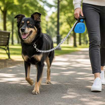 Portable dog pooper scooper attached during outdoor dog walking