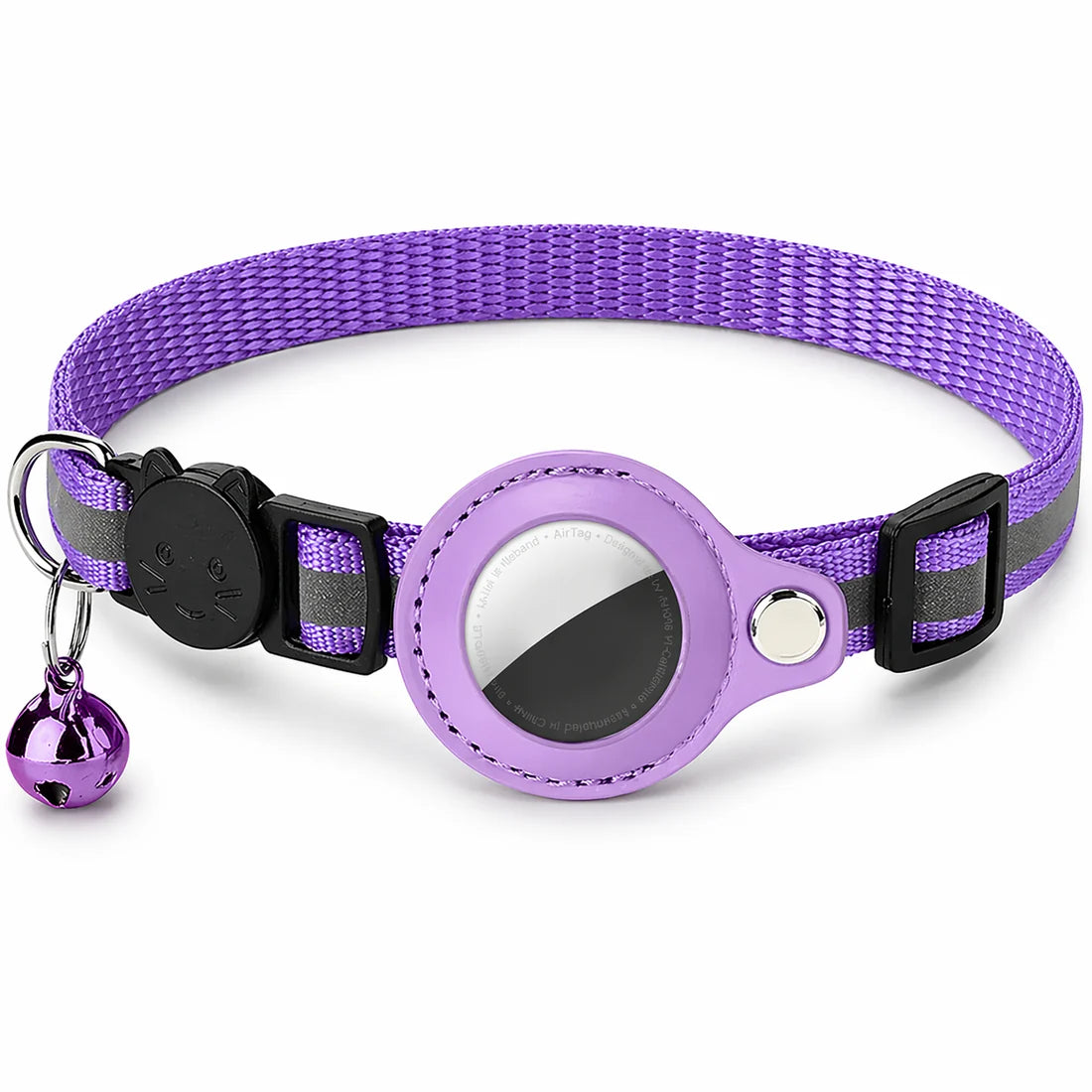 Purple pet collar with a bell and reflective patch on a white background, featuring a cat wearing the collar.