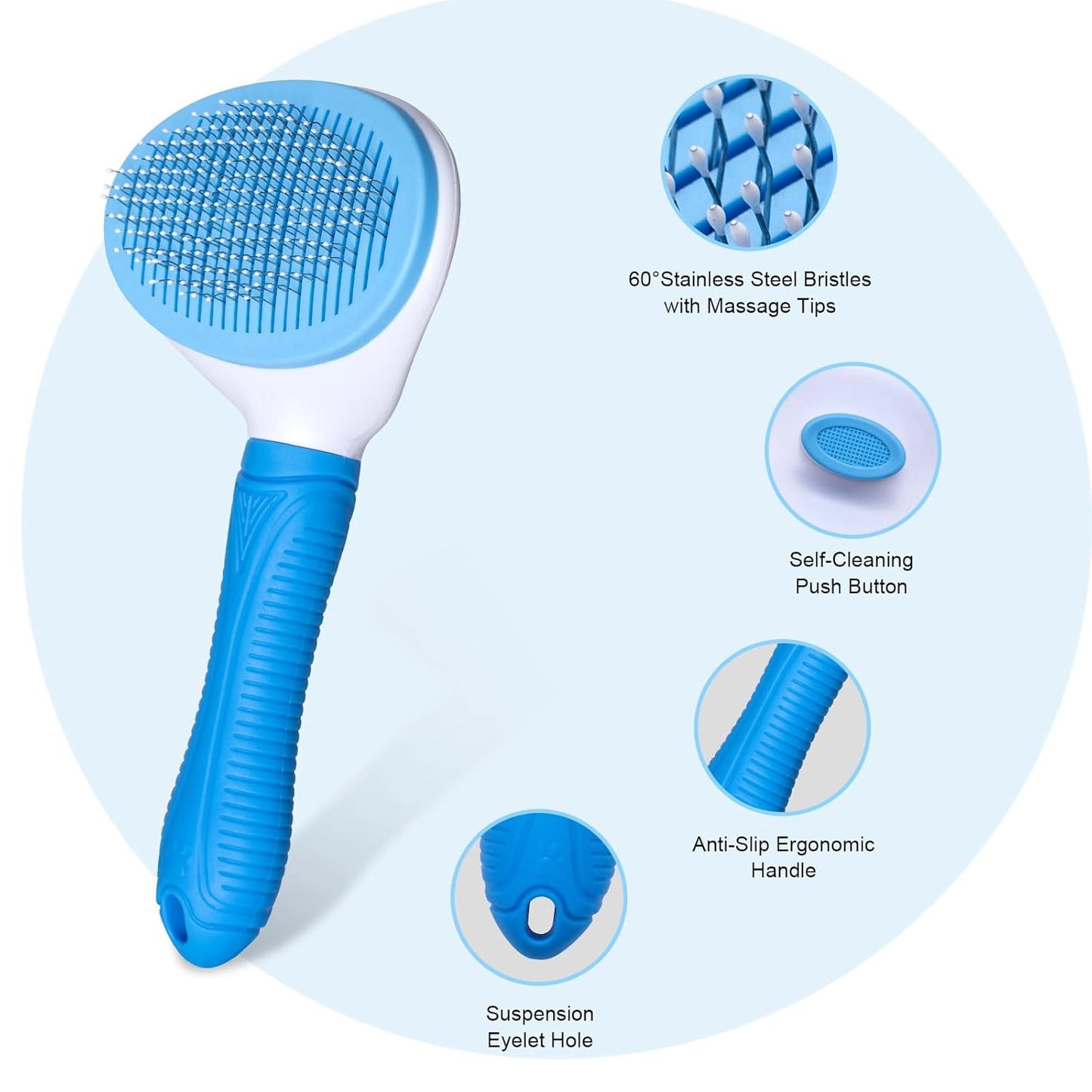 Self cleaning pet brush with ergonomic handle and stainless steel bristles