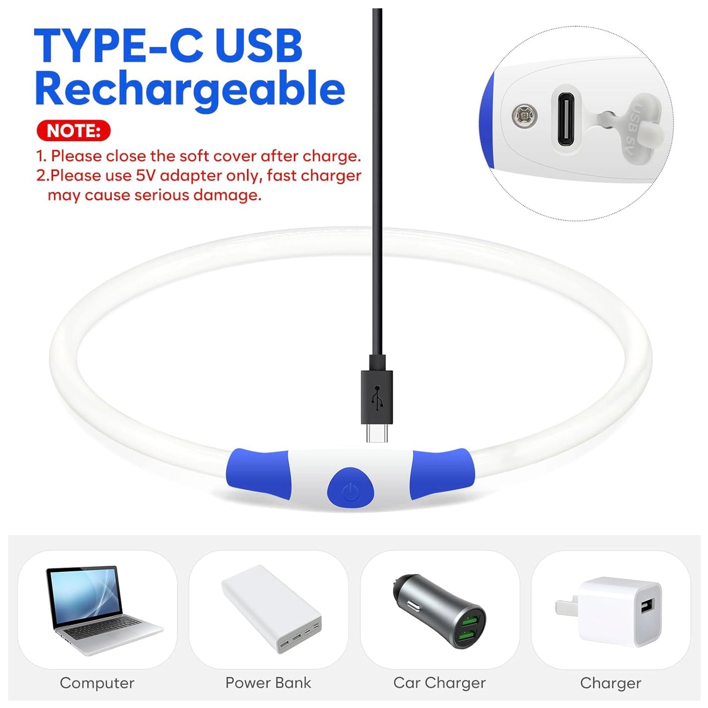 USB-C rechargeable LED dog collar with multiple charging options